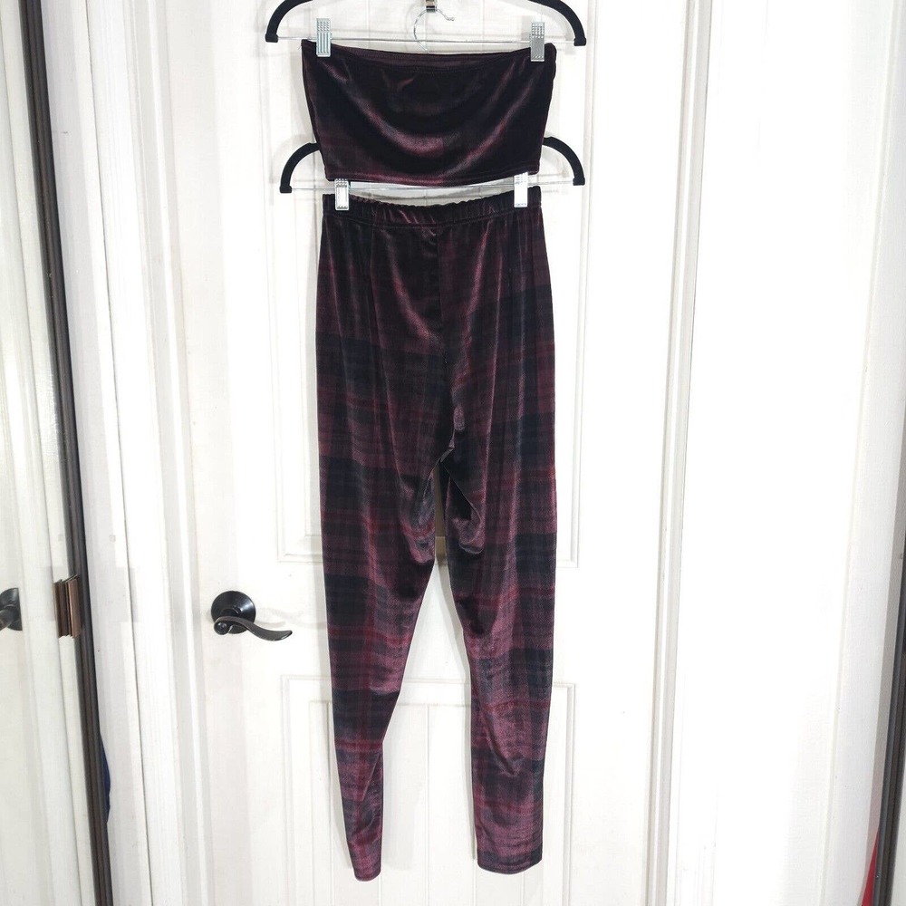 Nasty Gal Womens Pants Top Set Plaid About You Maroon Co Ord Velvet Velour Sz 4 - Picture 6 of 11